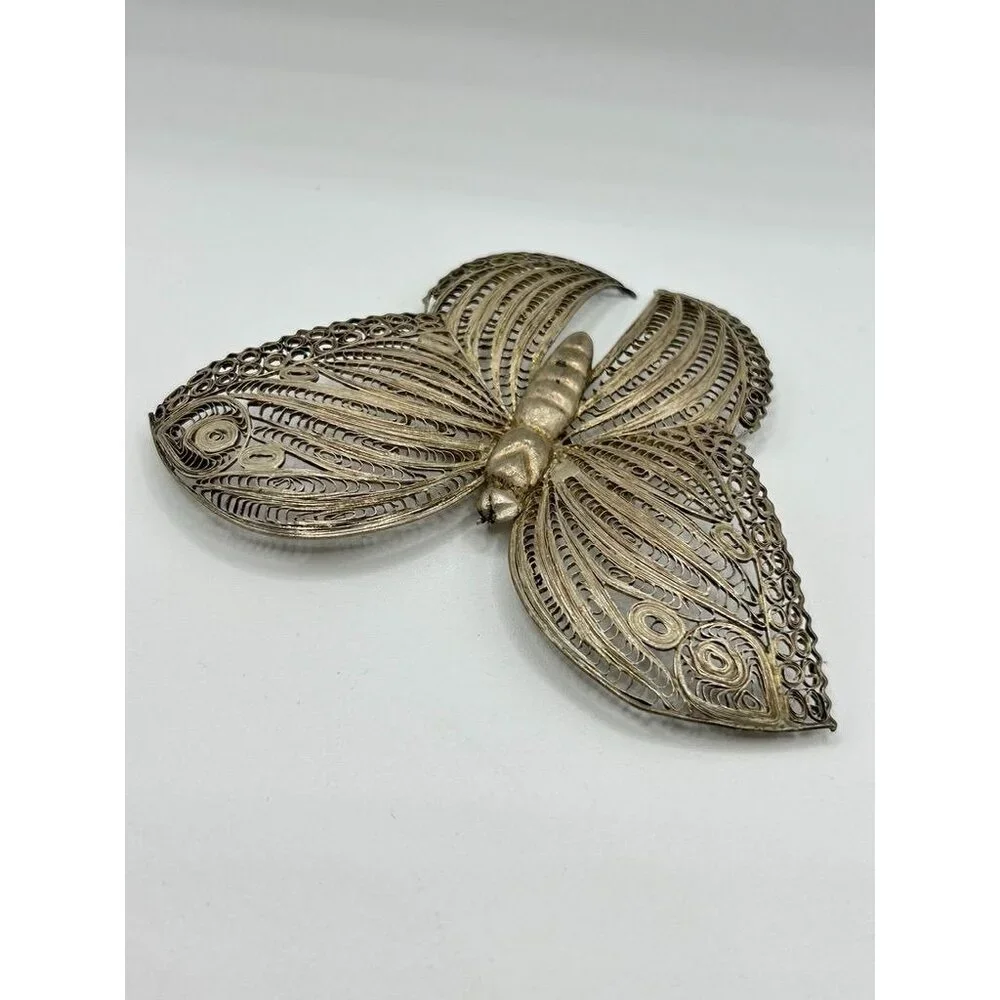 Vintage Mexican Silver Filigree Butterfly Brooch Pin - Picture 4 of 9